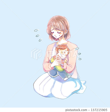 A woman holding a crying child is troubled 137215905