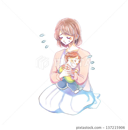 A woman holding a crying child is troubled 137215906