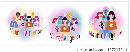 Trendy hand-drawn neurodivergence artwork with diverse people and colorful Neurodivergence lettering with soft gradient glow perfect for awareness campaigns, social posts, posters, and branding. Trendy hand-drawn neurodivergence artwork with diverse people and colorful Neurodivergence lettering with soft gradient glow perfect for awareness campaigns, social posts, posters, and branding. 137215944