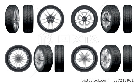 Car tires of rubber with disks. Vector realistic isolated set of tires in different positions. Automobile wheels and maintenance. Truck or vehicle repairing and replacement for next season Car tires of rubber with disks. Vector realistic isolated set of tires in different positions. Automobile wheels and maintenance. Truck or vehicle repairing and replacement for next season 137215961
