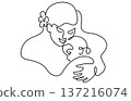 Happy Mother day card. Woman hold her baby. Continuous one line drawing with color spots and flowers. Vector illustration 137216074