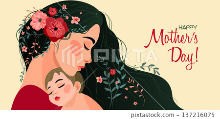 Happy Mother holding baby with flowers in hairs. Mother hugs child, motherhood. Happy Mothers Day greeting card. Happy Mother holding baby with flowers in hairs. Mother hugs child, motherhood. Happy Mothers Day greeting card. 137216075