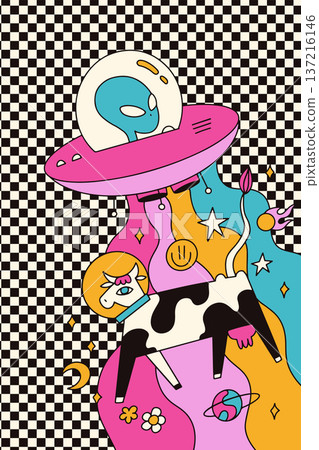 Psychedelic trippy space poster with alien in UFO abducting a weird cow. Surreal vibrant galaxy landscape with melting waves, planets and checkerboard texture. Groovy 70s retro vector illustration. 137216146