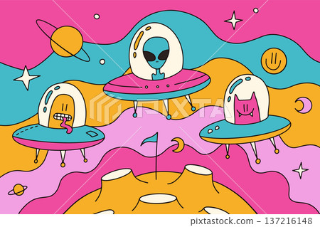 Surreal trippy space landscape with alien and weird cats flying in UFOs. Psychedelic groovy poster with melting waves, planets and smiling sun. Vibrant retro 70s style comic vector illustration. 137216148