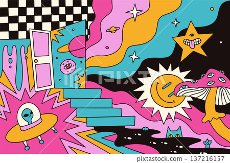 Surreal trippy space landscape with smiling sun, alien UFO and magic mushroom. Psychedelic vibrant poster with weird cat and stairs leading to cosmic door. Groovy 70s retro style vector illustration. 137216157
