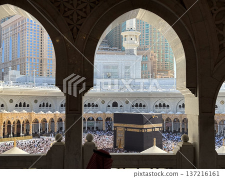 Pilgrims circling the Kaaba in Masjid al-Haram, Mecca during Hajj and Umrah pilgrimage 137216161
