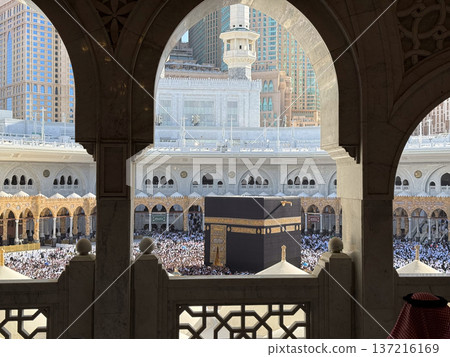 View of the Kaaba and Grand Mosque in Mecca with thousands of pilgrims performing Tawaf 137216169