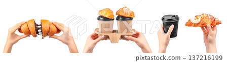 Chocolate Croissant and Takeaway Coffee Set in Female Hands Chocolate Croissant and Takeaway Coffee Set in Female Hands 137216199