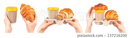Croissant and Takeaway Coffee Set in Female Hands Croissant and Takeaway Coffee Set in Female Hands 137216200