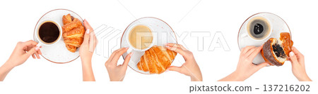 Top View Croissant and Coffee Set with Female Hands 137216202
