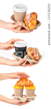 Takeaway Coffee Cups with Croissants in Female Hands Takeaway Coffee Cups with Croissants in Female Hands 137216203