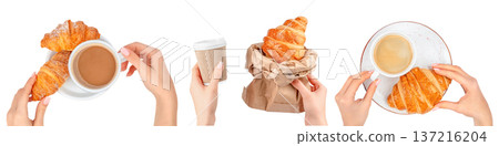 Croissant with Coffee and Takeaway Cup in Female Hands Croissant with Coffee and Takeaway Cup in Female Hands 137216204