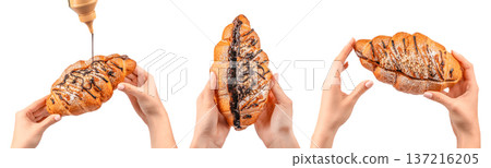 Chocolate Croissant with Topping in Female Hands Isolated on White 137216205