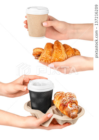 Croissant and Coffee To Go Set in Female Hands Croissant and Coffee To Go Set in Female Hands 137216209