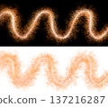 Wavy glowing orange light trail with smoke or dust particles on transparent background, abstract fire or magic energy effect 137216287
