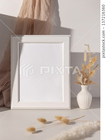Mockup of blank vertical frame close up, hard shadows. Print and poster template Mockup of blank vertical frame close up, hard shadows. Print and poster template 137216360