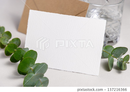 Mockup of blank card near green eucalyptus branche sand crystal glasses. Presentation template 137216366