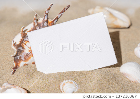 Mockup of blank card on beige sand with seashells, template for beach wedding and event graphics Mockup of blank card on beige sand with seashells, template for beach wedding and event graphics 137216367