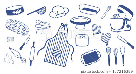 Set of hand drawn illustrations of kitchen utensils and pastry tools. Minimal blue line style, trendy aesthetic, perfect for menus, packaging, posters and social media Set of hand drawn illustrations of kitchen utensils and pastry tools. Minimal blue line style, trendy aesthetic, perfect for menus, packaging, posters and social media 137216399