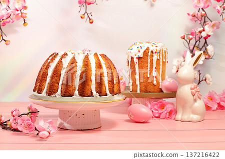 Traditional Easter cake and marbled Easter eggs, decorated with golden turmeric and hibiscus tea, against a backdrop of cherry blossom branches, Easter celebration concept, Traditional Easter cake and marbled Easter eggs, decorated with golden turmeric and hibiscus tea, against a backdrop of cherry blossom branches, Easter celebration concept, 137216422