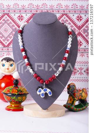 Russian symbols matryoshka, balalaika, rubles cash and flag of russian federation on wooden background. Russian symbols matryoshka, balalaika, rubles cash and flag of russian federation on wooden background. 137216597