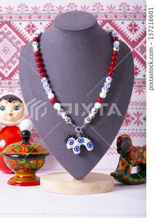 Russian symbols matryoshka, balalaika, rubles cash and flag of russian federation on wooden background. Russian symbols matryoshka, balalaika, rubles cash and flag of russian federation on wooden background. 137216601