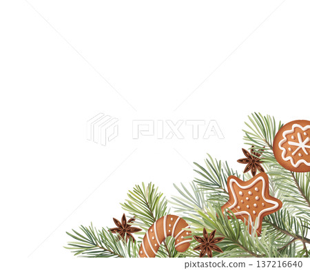 Festive corner composition with green pine branches cinnamon and gingerbread cookies Festive corner composition with green pine branches cinnamon and gingerbread cookies 137216640