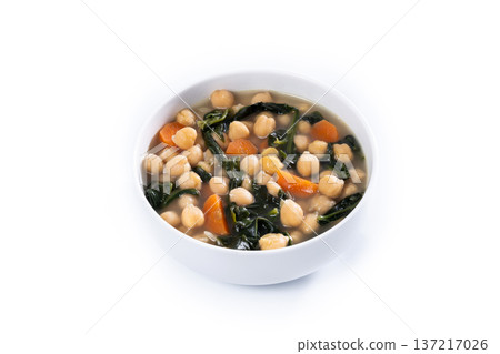 Chickpea and Spinach Soup with Carrots in White Bowl Chickpea and Spinach Soup with Carrots in White Bowl 137217026