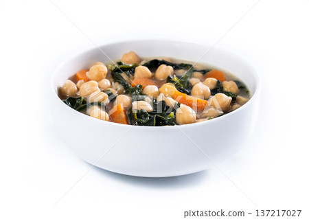 Chickpea and Spinach Soup with Carrots in White Bowl Chickpea and Spinach Soup with Carrots in White Bowl 137217027