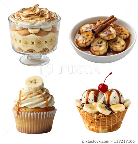 Tempting collection of banana desserts featuring banana pudding, banana cupcake, caramelized bananas, and banana ice cream, isolated for menus 137217106