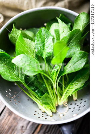 Fresh washed spinach leaves with water droplets Fresh washed spinach leaves with water droplets 137217119