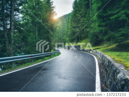 Wet mountain road curving through dense green forest Wet mountain road curving through dense green forest 137217233
