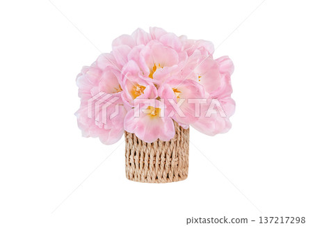Pink artificial flowers arranged in a woven basket, showcasing a vibrant and decorative centerpiece suitable for home decor or event styling Pink artificial flowers arranged in a woven basket, showcasing a vibrant and decorative centerpiece suitable for home decor or event styling 137217298