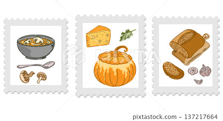 Three cute and cozy stamps with food illustrations, bright and juicy colors, naive style of execution. Appetizing drawings. Groomed elements, set. Three cute and cozy stamps with food illustrations, bright and juicy colors, naive style of execution. Appetizing drawings. Groomed elements, set. 137217664