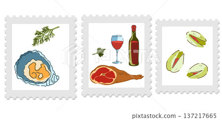 Three cute and cozy stamps with food illustrations, bright and juicy colors, naive style of execution. Appetizing drawings. Groomed elements, set. 137217665