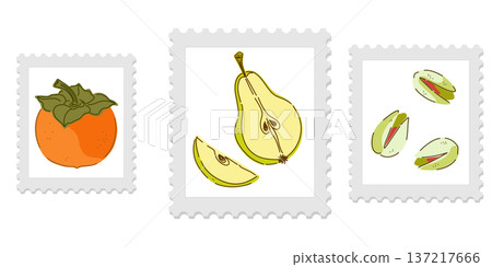 Three cute and cozy stamps with food illustrations, bright and juicy colors, naive style of execution. Appetizing drawings. Groomed elements, set. 137217666