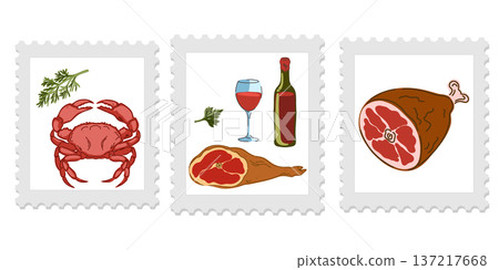 Three cute and cozy stamps with food illustrations, bright and juicy colors, naive style of execution. Appetizing drawings. Groomed elements, set. 137217668