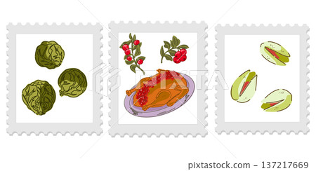 Three cute and cozy stamps with food illustrations, bright and juicy colors, naive style of execution. Appetizing drawings. Groomed elements, set. 137217669