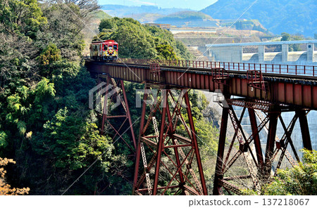 A train running on the red iron bridge of Minamiaso Railway A train running on the red iron bridge of Minamiaso Railway 137218067