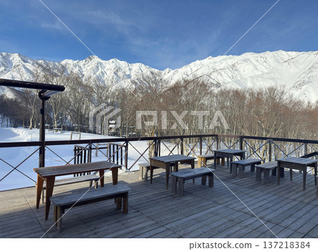 View of the Alps from the terrace of the Hakuba47 Ski Resort Gondola Station 137218384