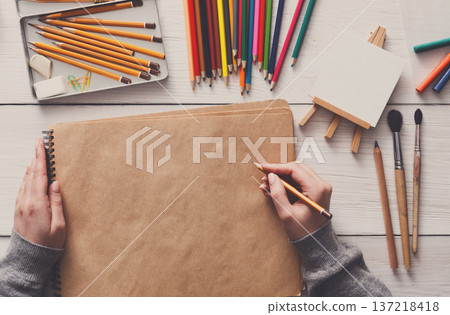 Creative artist workspace top view. Background of painting and drawing, art stationery Creative artist workspace top view. Background of painting and drawing, art stationery 137218418
