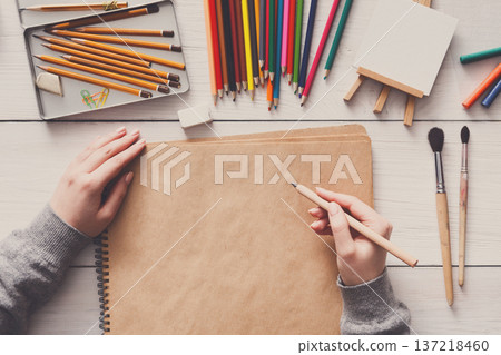 Creative artist workspace top view. Background of painting and drawing, art stationery Creative artist workspace top view. Background of painting and drawing, art stationery 137218460