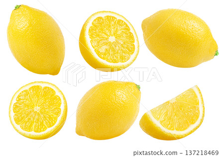 Lemons collection isolated, without shadow. Slice of lemon, whole lemon and half of lemon with clipping path no shadows. Natural look of lemon. 137218469