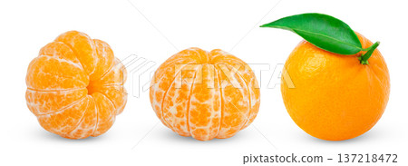 Collection of ripe tangerines, whole, peeled, without peel, isolated on a white background. Mandarin with leaf. Clementine and slices with clipping path. 137218472