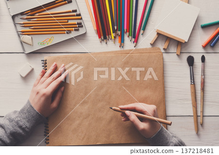 Creative artist workspace top view. Background of painting and drawing, art stationery 137218481