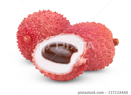 Juicy lychee and half with seed isolated with clipping path. Lychees isolated on white background. 137218488