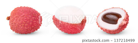 Collection of lichees isolated. Whole lychee, peeled lychee and half of lychee with seed. Collection of lichees isolated. Whole lychee, peeled lychee and half of lychee with seed. 137218499
