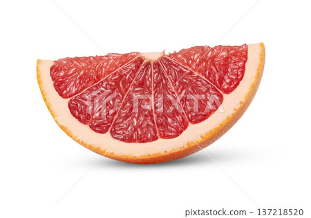 Citrus fruit piece. Slice of fresh pink grapefruit isolated. Citrus fruit piece. Slice of fresh pink grapefruit isolated. 137218520