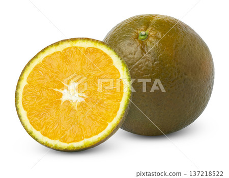 Chocolate navel orange fruit with half of brown orange isolated. Citrus sinensis chocolate orange.. 137218522