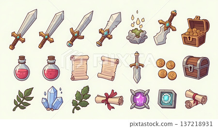 奇幻遊戲武器和工具圖示（插圖、角色扮演遊戲、物品、材料） 137218931